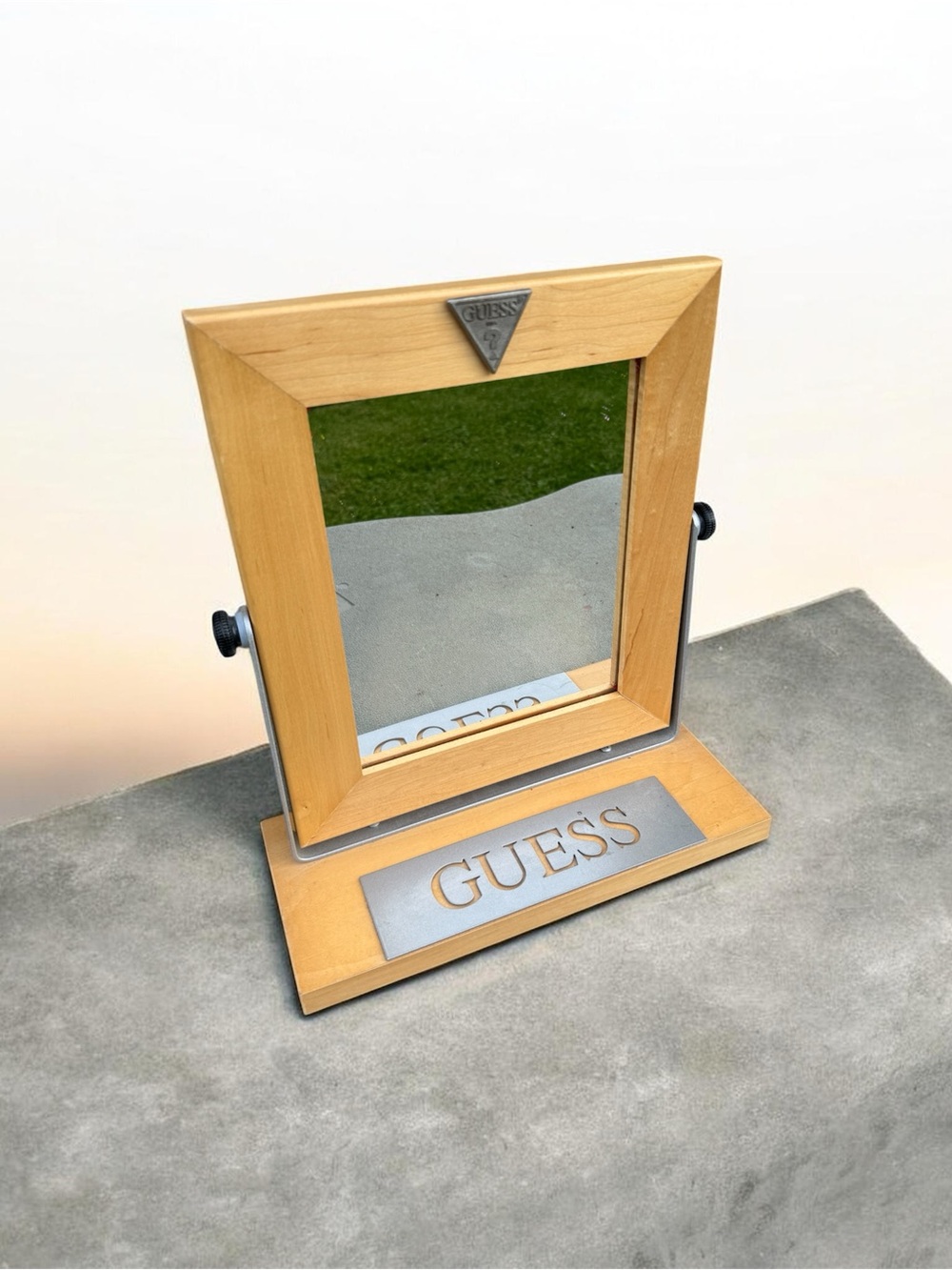 Vtg GUESS U.S.A. Rotating Mirror Store Display Wooden Mounted On Stand Rare!